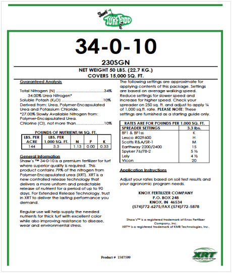 Label on Shaw fertilizer bag